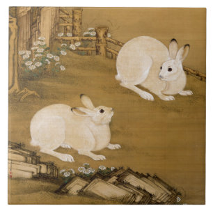 Arte Chinesa Vintage Pintura de Dois Coelhos Branc