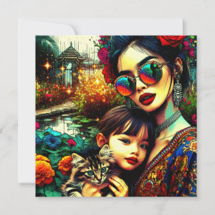 Arte Colorida Mãe e Filha do Jardim Flor Asiático