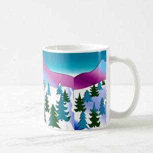 Arte da inclinação do esqui na caneca de café