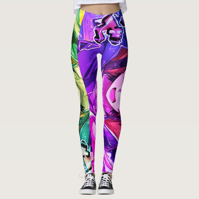 Arte de Anime de Menina Cores Cartoon em Legging P (Frente)