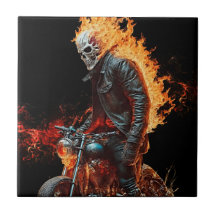 Arte de Azulejo Cerâmico de Motoqueiro com Caveira