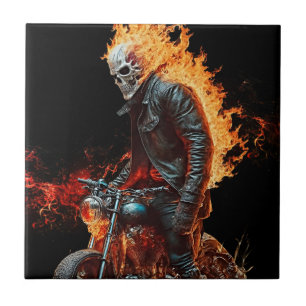 Arte de Azulejo Cerâmico de Motoqueiro com Caveira