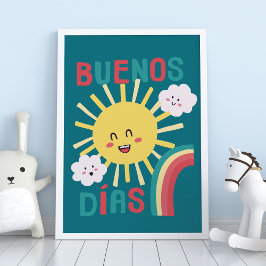 Arte de Berçário do Sol Feliz Azul em Poster em Es