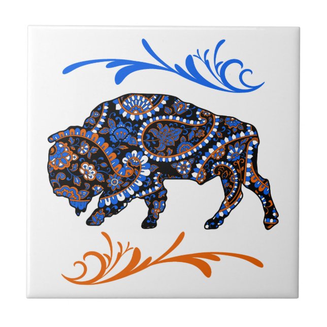 Arte de Bison Mosaico Laranja Azul (Frente)