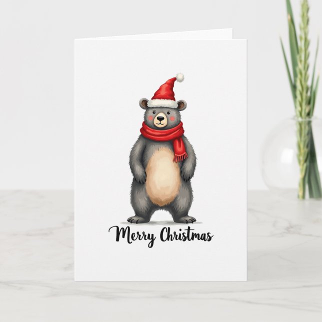 Arte de cartão de Natal com ursinho fofo com chapé (Frente)