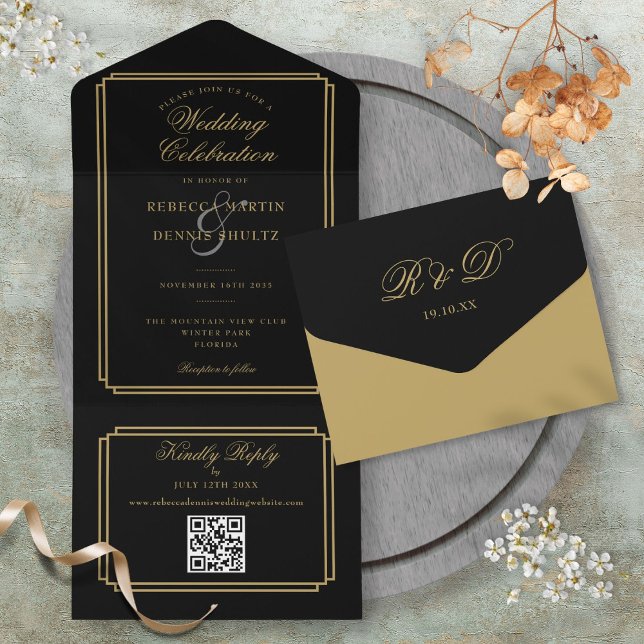Arte de Código QR Preto e Dourado Art Déco Monogra (Black And Gold QR Code Art Deco Monogram Wedding All In One Invitation)