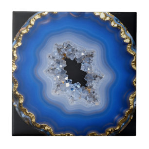 Arte de Cristal com Borda Dourada de Ágata Azul