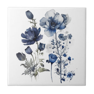Arte de estilo Delft azul e branco com flores silv