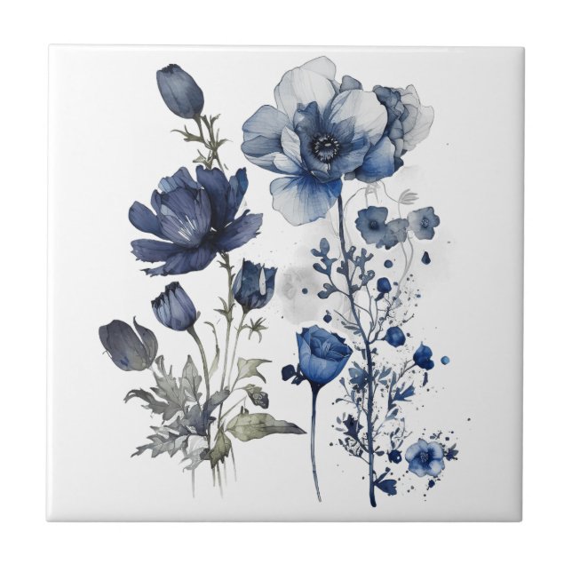 Arte de estilo Delft azul e branco com flores silv (Frente)
