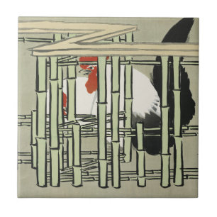 Arte de Galo Japonês Antigo Atrás de Cerca de Bamb