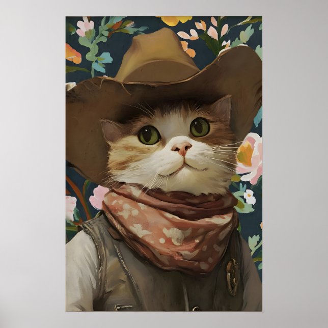 Arte de Gato Caubói Caprichoso Impressão Parede Te (Frente)