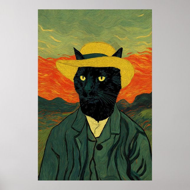 Arte de Gato de Van Gogh Impressão Engraçada Retra (Frente)