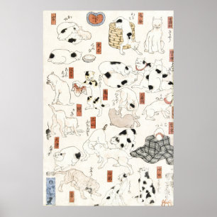 Arte de Gato Japonês Antigo Impressão em Xilogravu