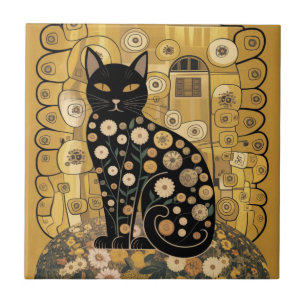Arte de Gato Preto Decorativo Dourado no Estilo Gu