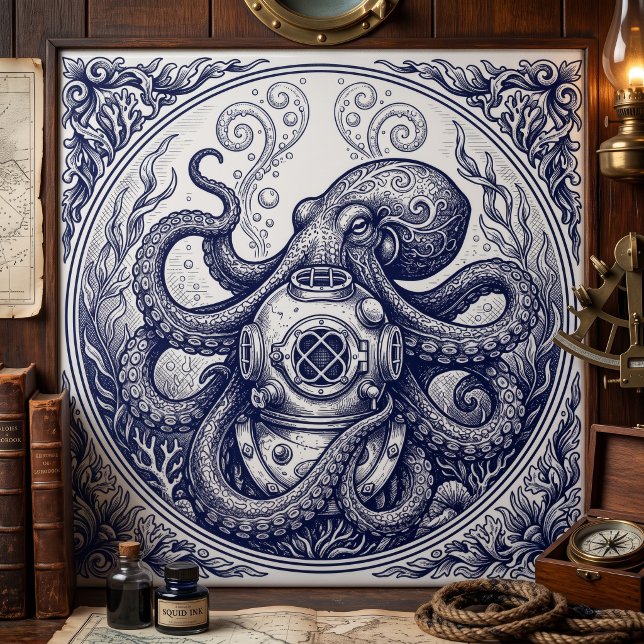 Arte de Gravação de Capacete de Diver Octopus Vint (Criador carregado)