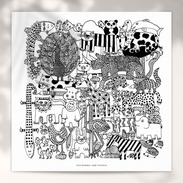 Arte de impressão de desenho em preto e branco de  (Wild Animals Black and White Drawing Art Print)