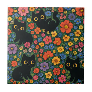 Arte de Jardim Kawaii   Padrão Floral de Gato Pret