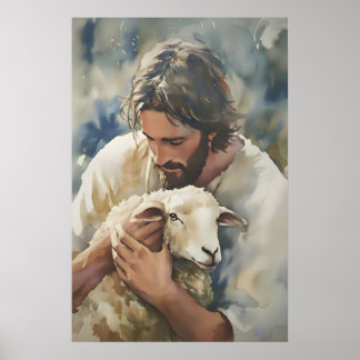Arte de Jesus e Cordeiro em Aquarela Impressão Cri