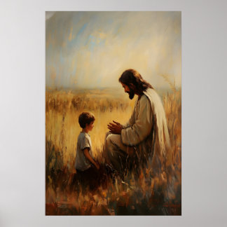 Arte de Jesus e Menino Rezando Impressão Parede Cr