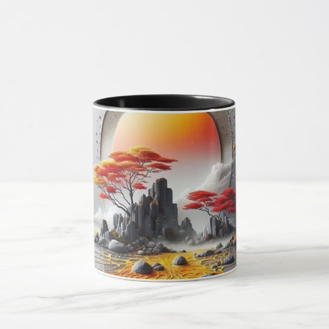 Arte de Linha Abstrata Moderna Caneca Preta | Co M (Centro)