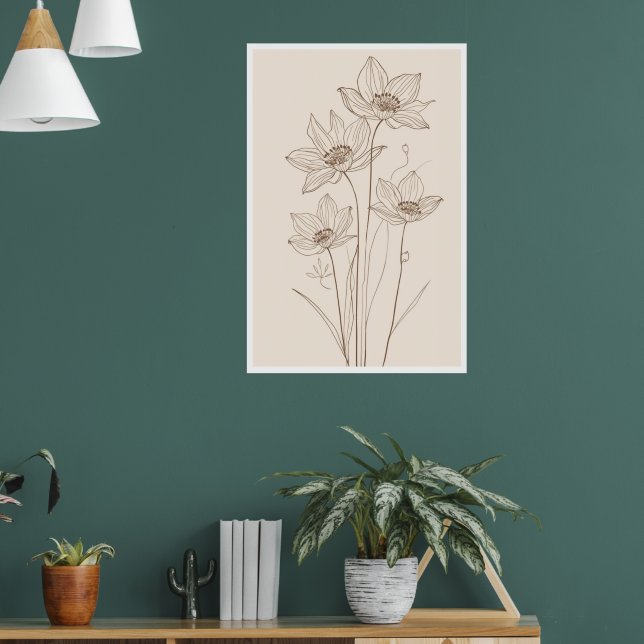 Arte de Linha de Flor - Poster Bege Elegante (Sala de Estar 1)