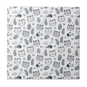 Arte de Padrão de Rosto de Gato Minimalista e Folh