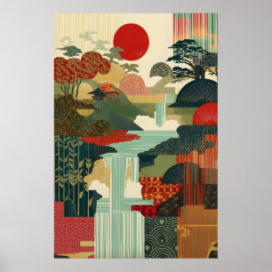 Arte de Paisagem Japonesa Impressão Sol Vermelho, 