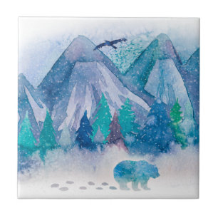 Arte de paisagem montanhosa de inverno em aquarela