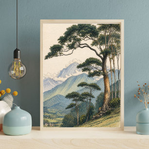 Arte de Paisagem Montanhosa Impressão de Árvore