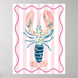 arte de parede funky de lagosta floral pôster