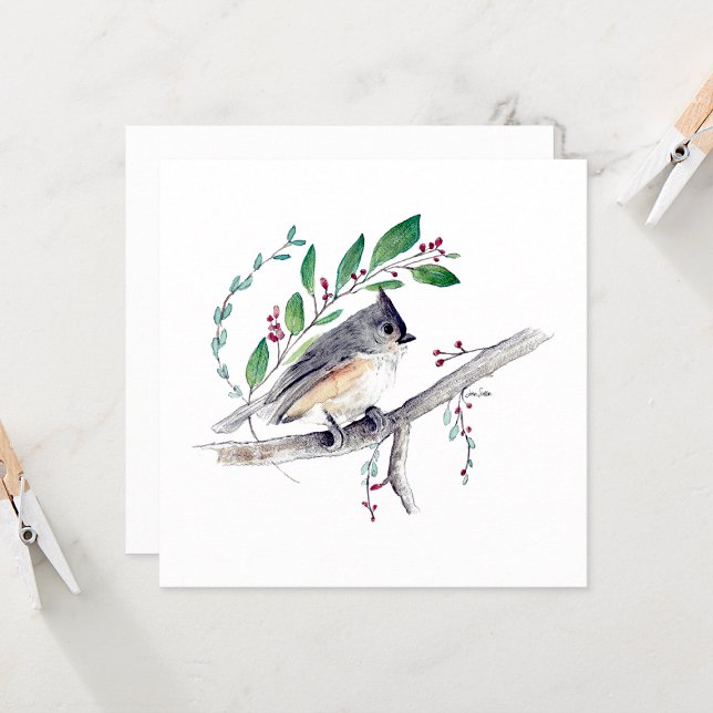 Arte de Pássaro com Tufão (Tufted Titmouse Watercolor Blank Square Note Cards by Jenn Steffen Art)