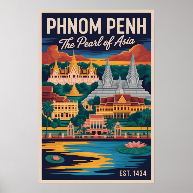 Arte de Poster de Viagem Retro de Phnom Penh Cambo (Frente)