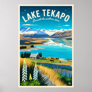Arte de Poster de Viagem Retro do Lago Tekapo Nova