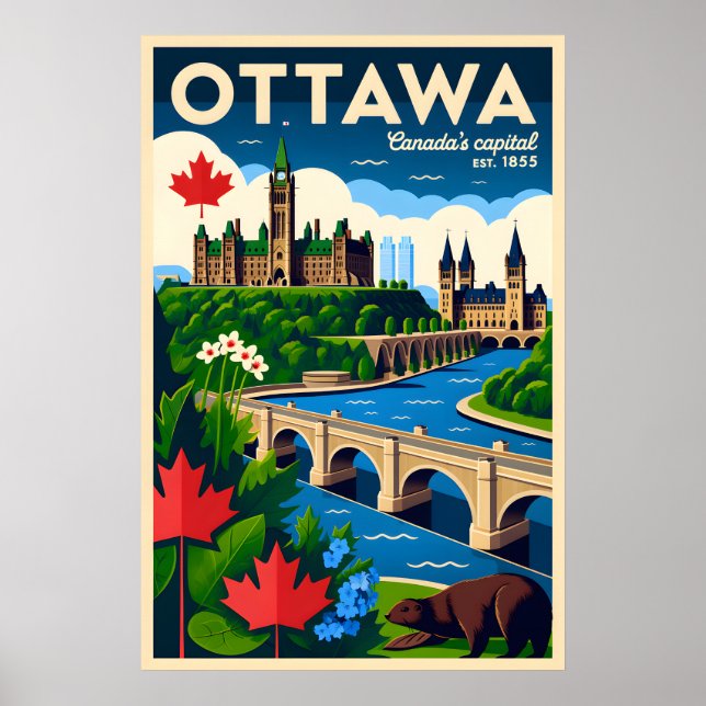 Arte de Poster de Viagem Retro Ottawa Canadá (Frente)