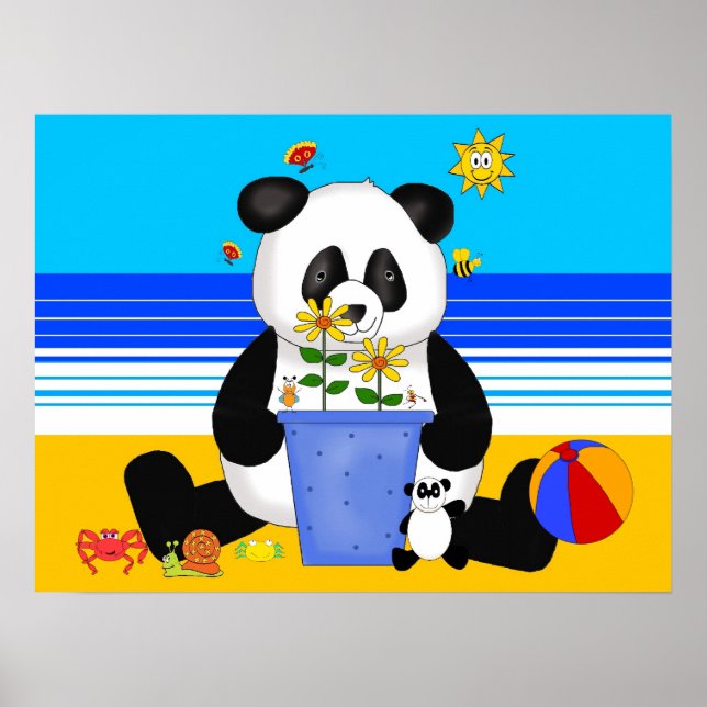 Arte de Poster Panda das Crianças na Praia (Frente)