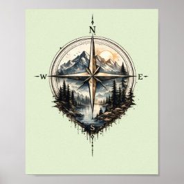 Arte de Poster Vintage Bússola de Montanha