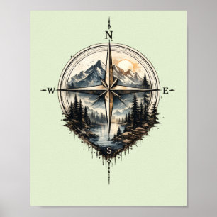 Arte de Poster Vintage Bússola de Montanha