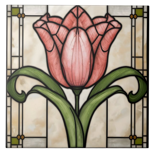 Arte de Vidro Pintado Flor de Tulipa Rosa (Frente)