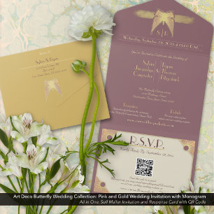 Arte Deco Borboleta Monograma Dourado Casamento Ro