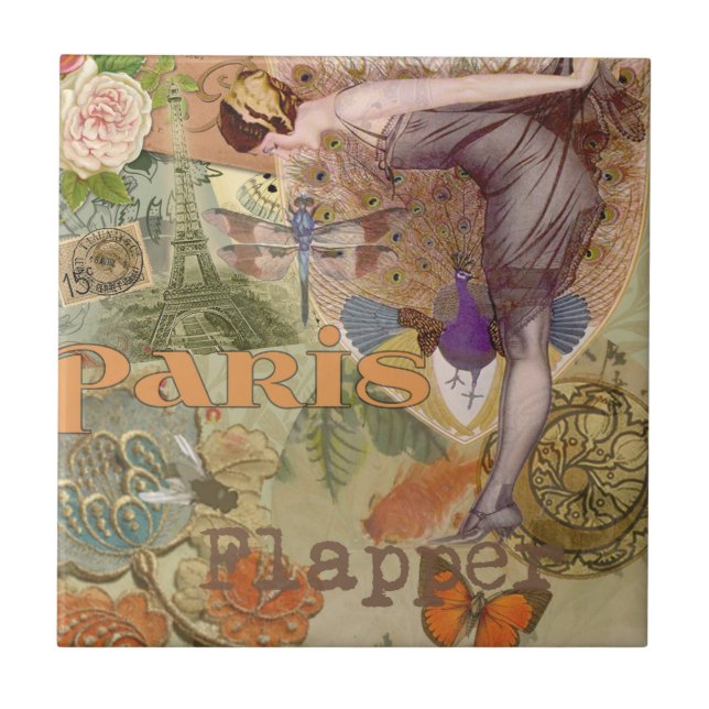 Arte Deco Colagem de Pavão Flapper Paris Antigo (Frente)