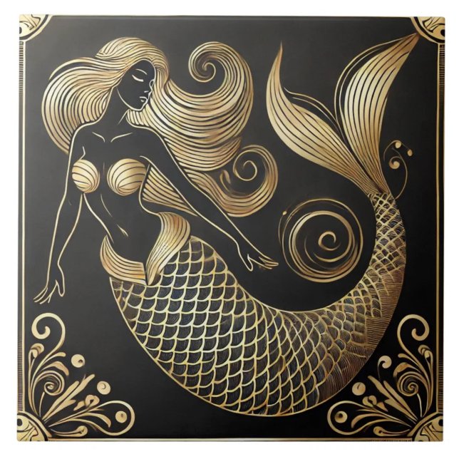 Arte Deco de Sereia em Preto e Dourado em Linha de (The complete printed tile design. Tiles sold individually.)