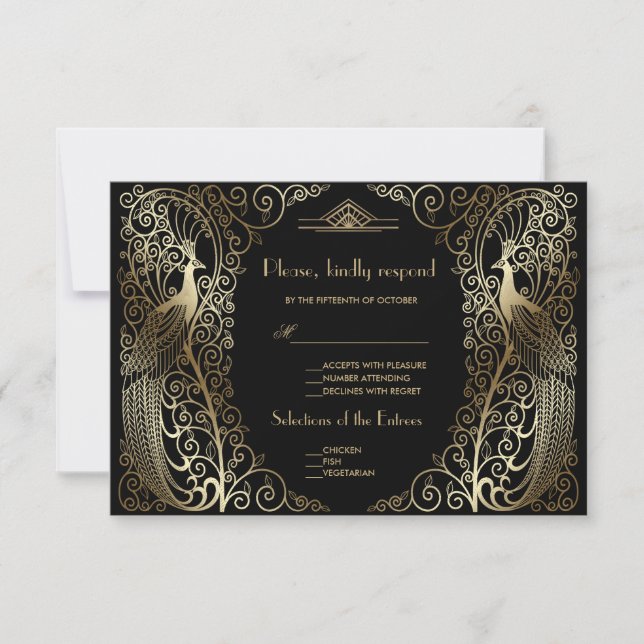 Arte Deco Pavões Casamento RSVP Glam Gold (Frente)