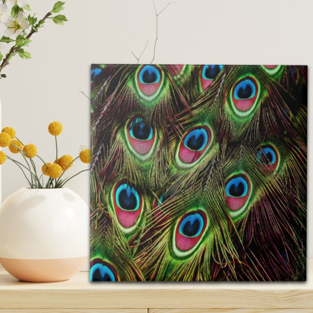 arte deco tee green turquoise paciock feather (art deco teal green turquoise peacock feather ceramic tile)