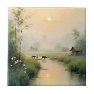 Arte em Aquarela da Aldeia da Névoa Matinal Vietna