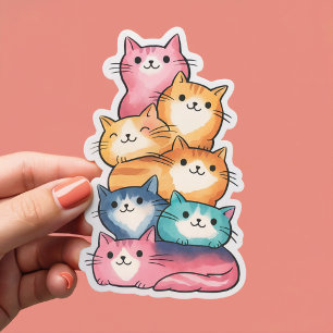 Arte em Aquarela de Gatos Empilhados Adesivo Fofo