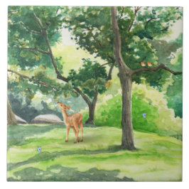 Arte em Aquarela de Veado na Floresta Tranquila
