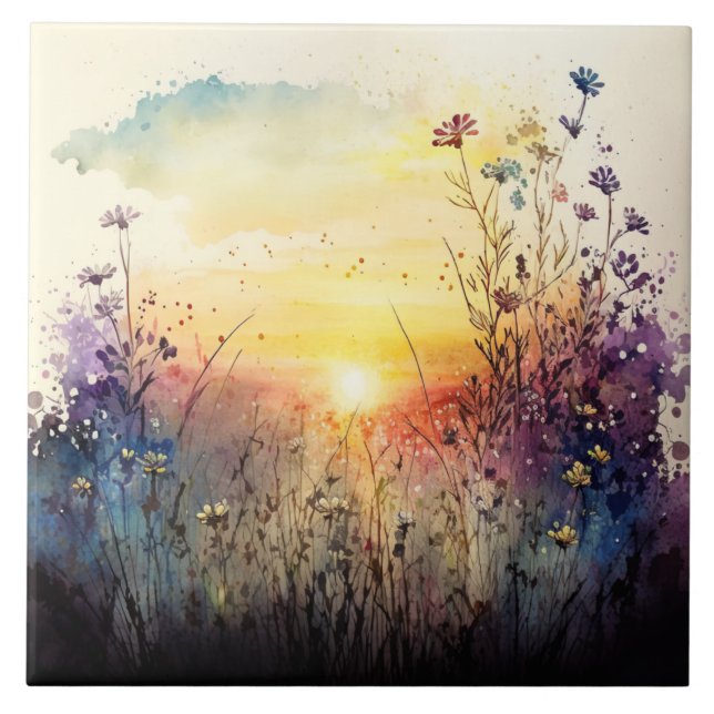 Arte em Aquarela do Pôr do Sol das Flores Silvestr (Frente)