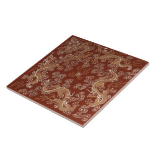 Arte em seda do Dragão Vermelho e Dourado Imperial