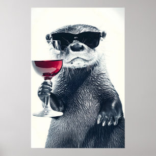 Arte engraçada de lontra bebendo vinho Impressão H