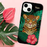 Arte Floral bonito de Leopardo-da-Selva | Preto |<br><div class="desc">Esta capa de telefone impressionante apresenta um leopardo desenhado/pintado pela mão, com folhas da selva tropical e uma flor de hibisco rosa brilhante sobre um fundo de cor personalizado (mostrado em preto). Um modelo de texto é incluído para facilitar a personalização. Moderno, bonito e colorido - faz um presente excelente!...</div>